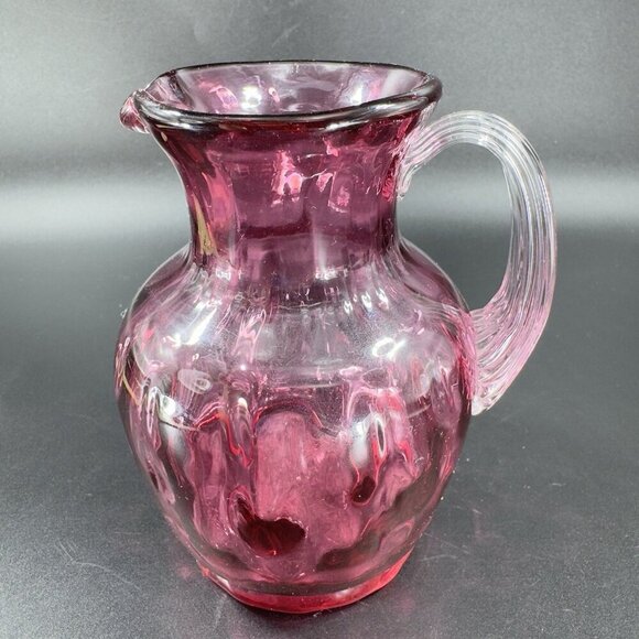 Vintage Pilgrim Glass Cranberry Optic Glass Pitcher Small Creamer Hand Blown VTG - Picture 8 of 14